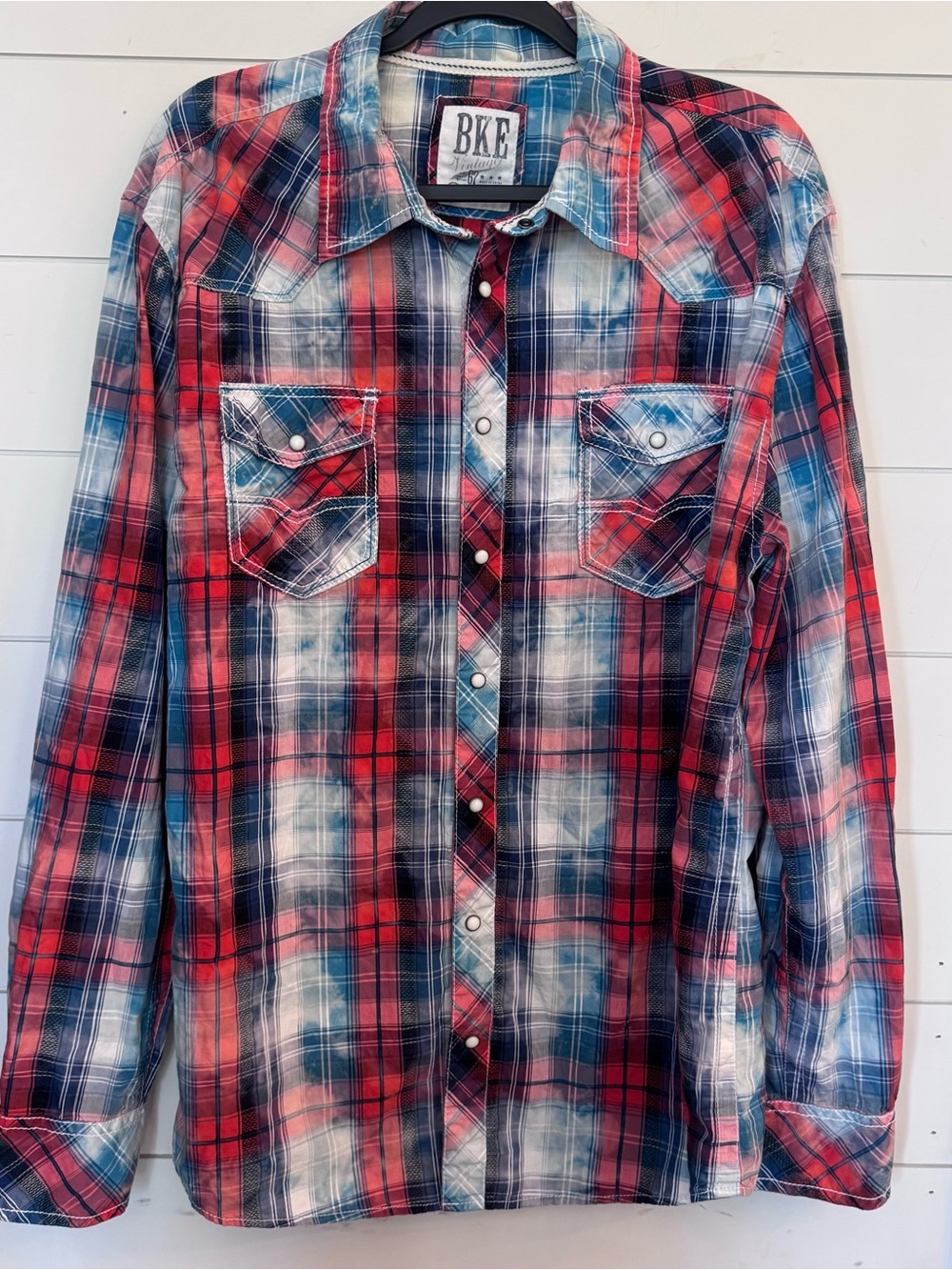 BKE Mens Western Red, Blue & White Plaid Long-Sleeve pearl snap Shirt XL